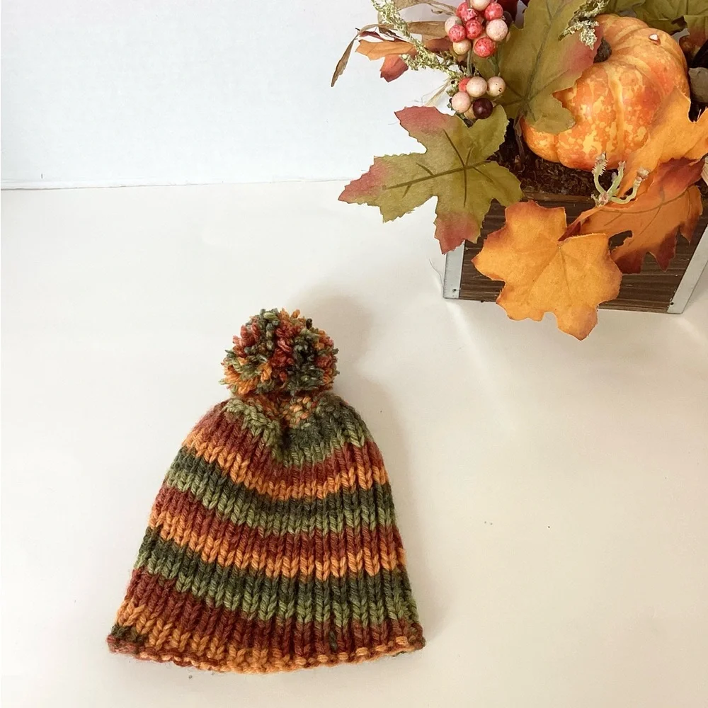 Hat Beanie Hand Crafted Baby Pom Pom Knit Green Rust Orange Knit Fall